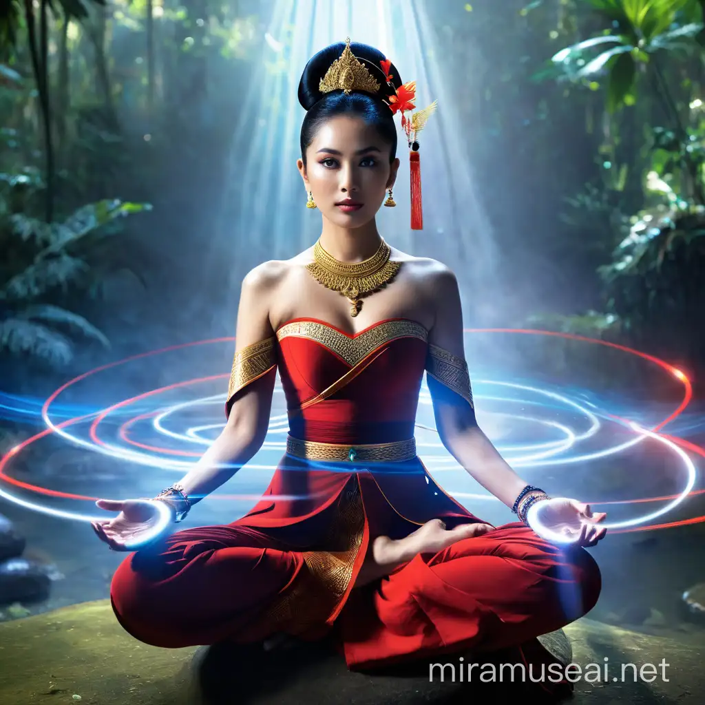 create realistic images. beautiful Indonesian woman as a hero in the Majapahit royal dynasty, wearing a small gold necklace like a queen, wearing a red kemben, long black hair tied in a bun, doing floating meditation, energy aura from all over the body, unreal machine 5, absurdres, volumetric color lines mixed with blue lighting red and white around his body, eyes to the camera, rainforest background