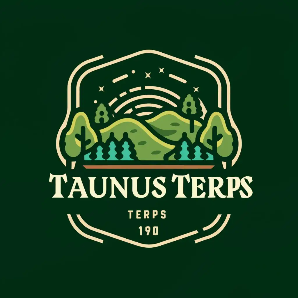 a logo design, with the text 'Taunus Terps', main symbol: some hills with a pine forest and many cannabis plants, complex, clear background