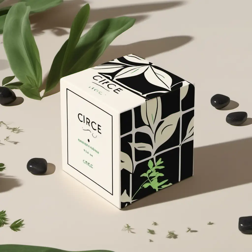 a square box for a brand name circe. its a natural cream for face. on the box there ara sketchy black and green herb illustrations. its a natural simple modern box. the patterns resemble natural stones