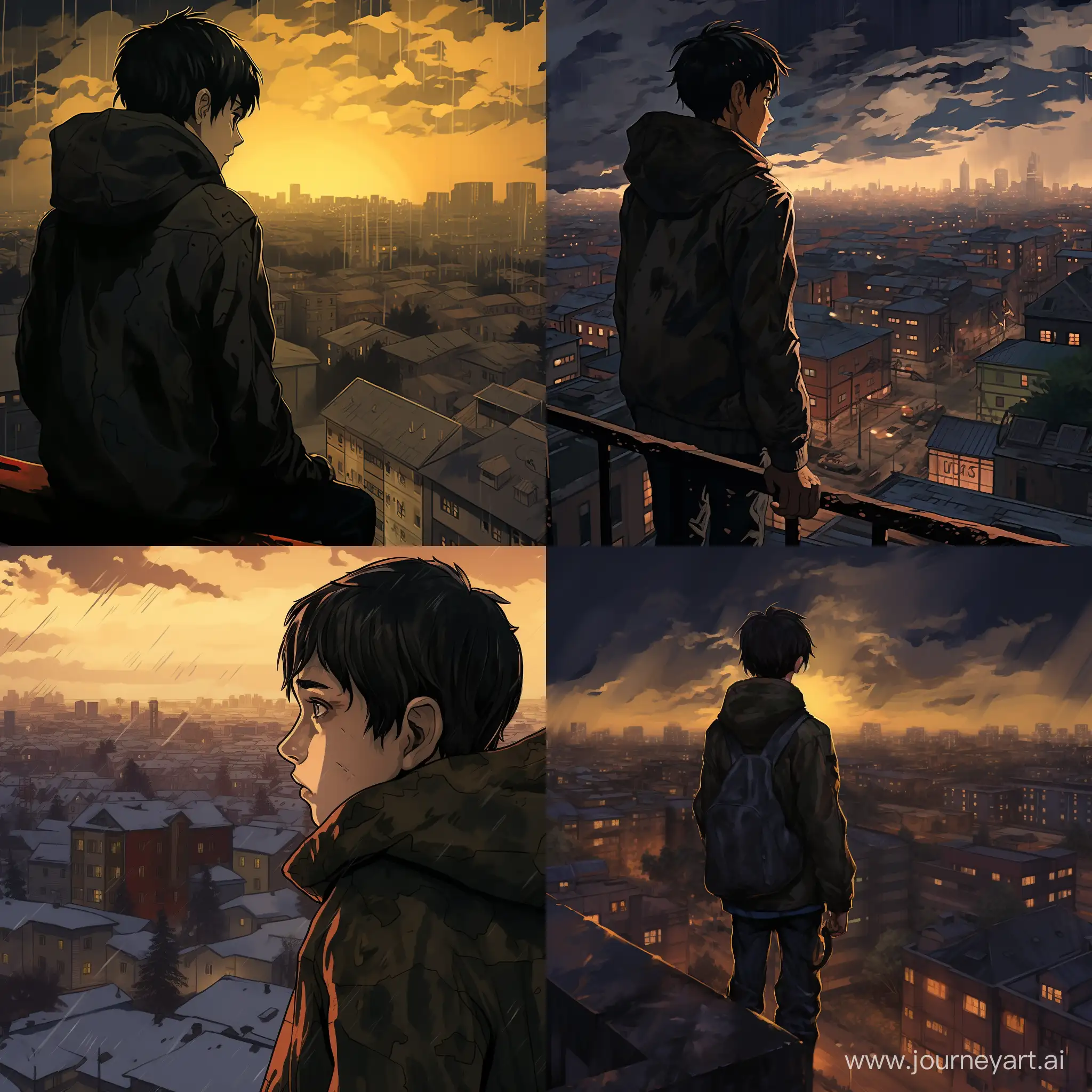 the boy 12 years old, anime style, on the left and right are Russian high-rises houses like in the Soviet Union, standing back, anime, dark grey skies, poverty, high-detailed, it's raining and snowing, sad atmosphere, rooftoop view, night.