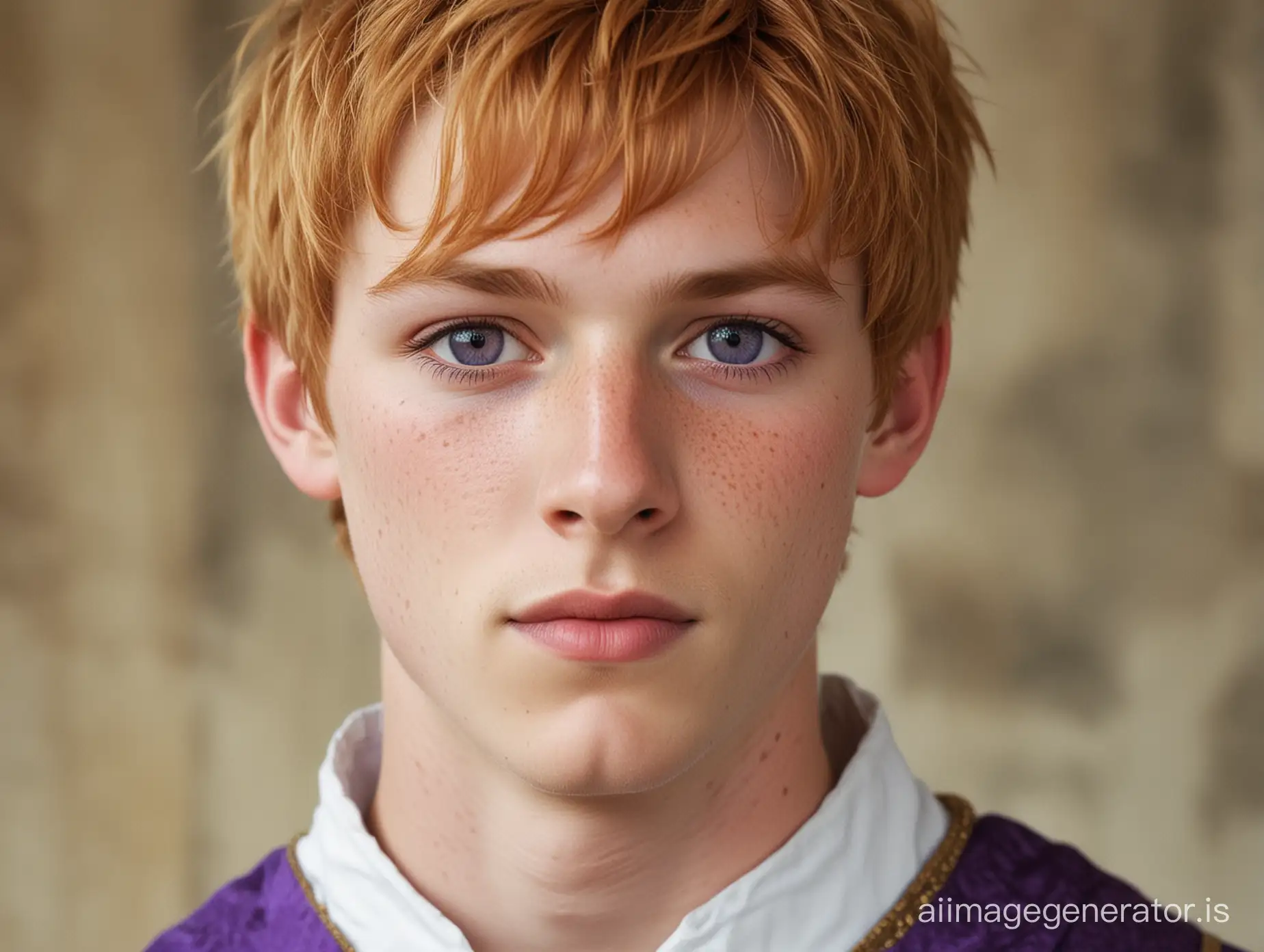 strawberry blond male
 teen with purple eyes, medieval, 
short hair, royal house, many 
freckels, average looking, not hot, 

