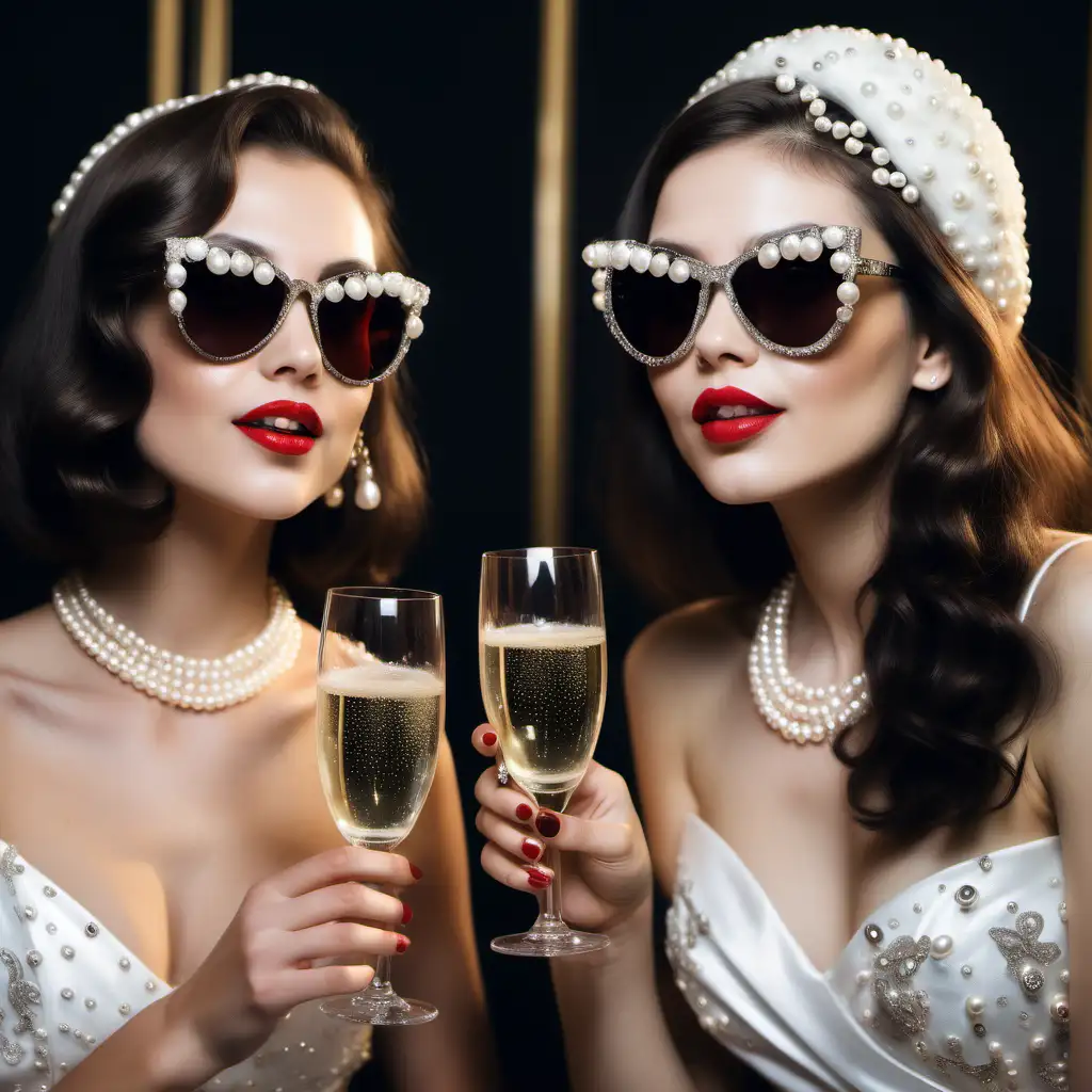 two young sisters mid length dark brown hair , red lipstick wearing sunglasses and many pearl and diamonds, drinking champagne. very luxurious
