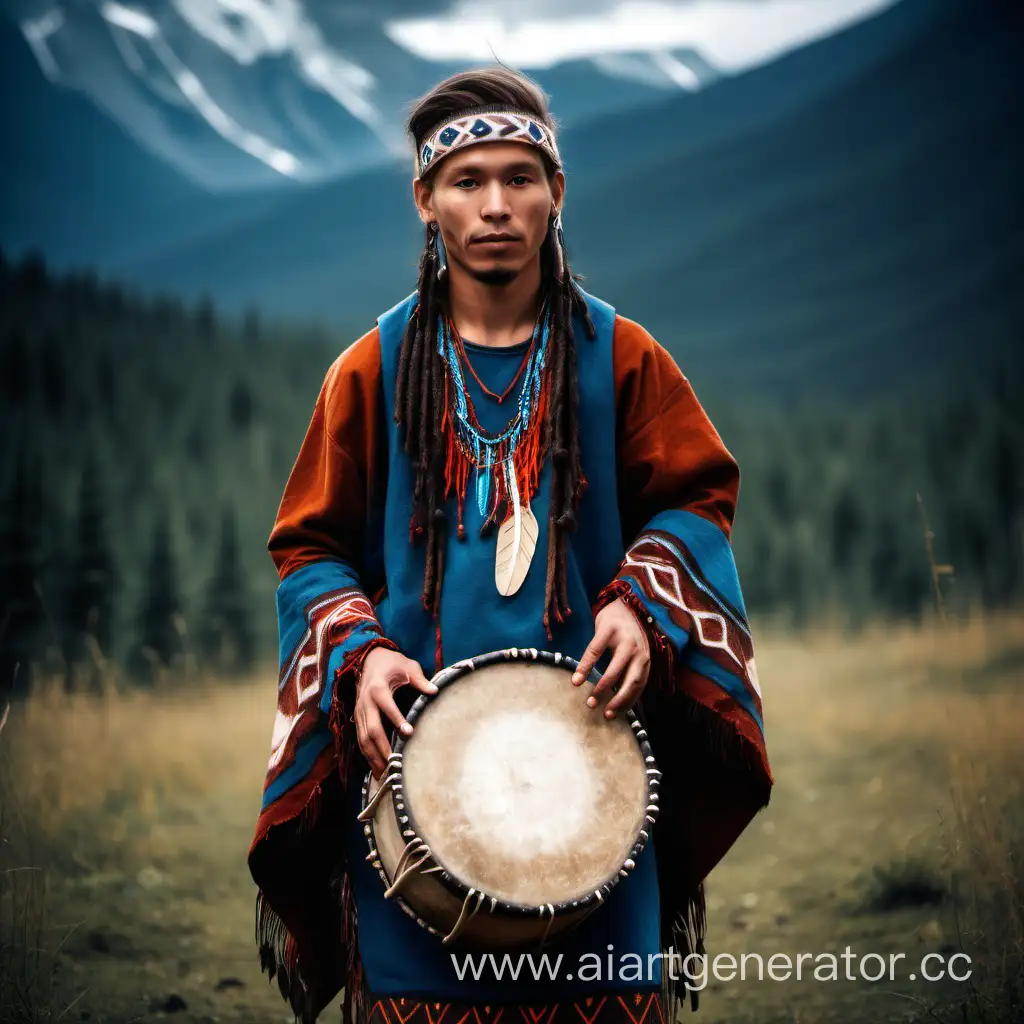 Молодой шаман в шаманской одежде и бубном в руках