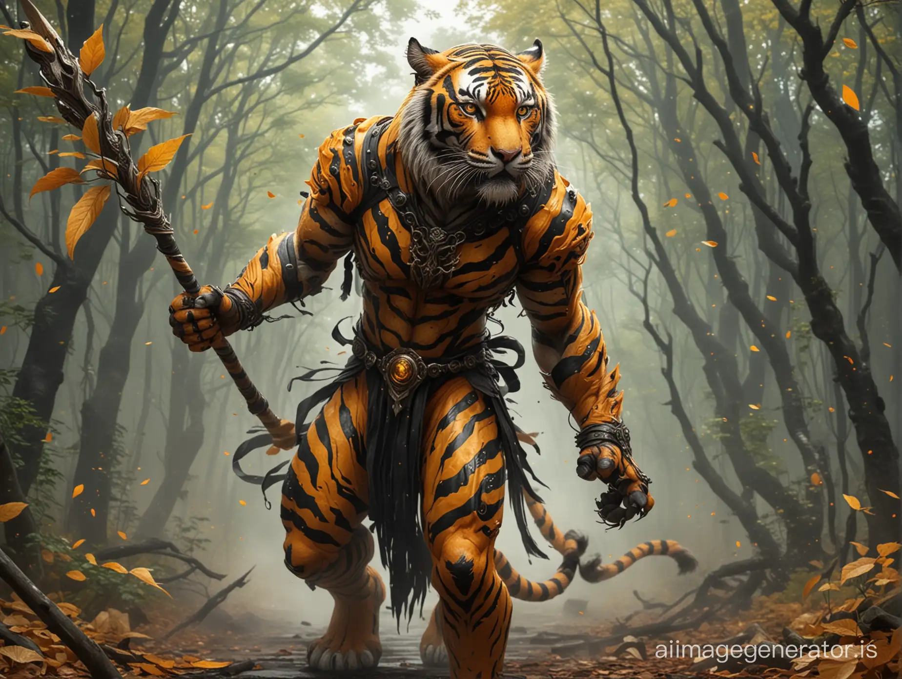 Orange with black stripes humanoid tiger with yellow eyes. A wizards staff in his hand. Leaves swirling.