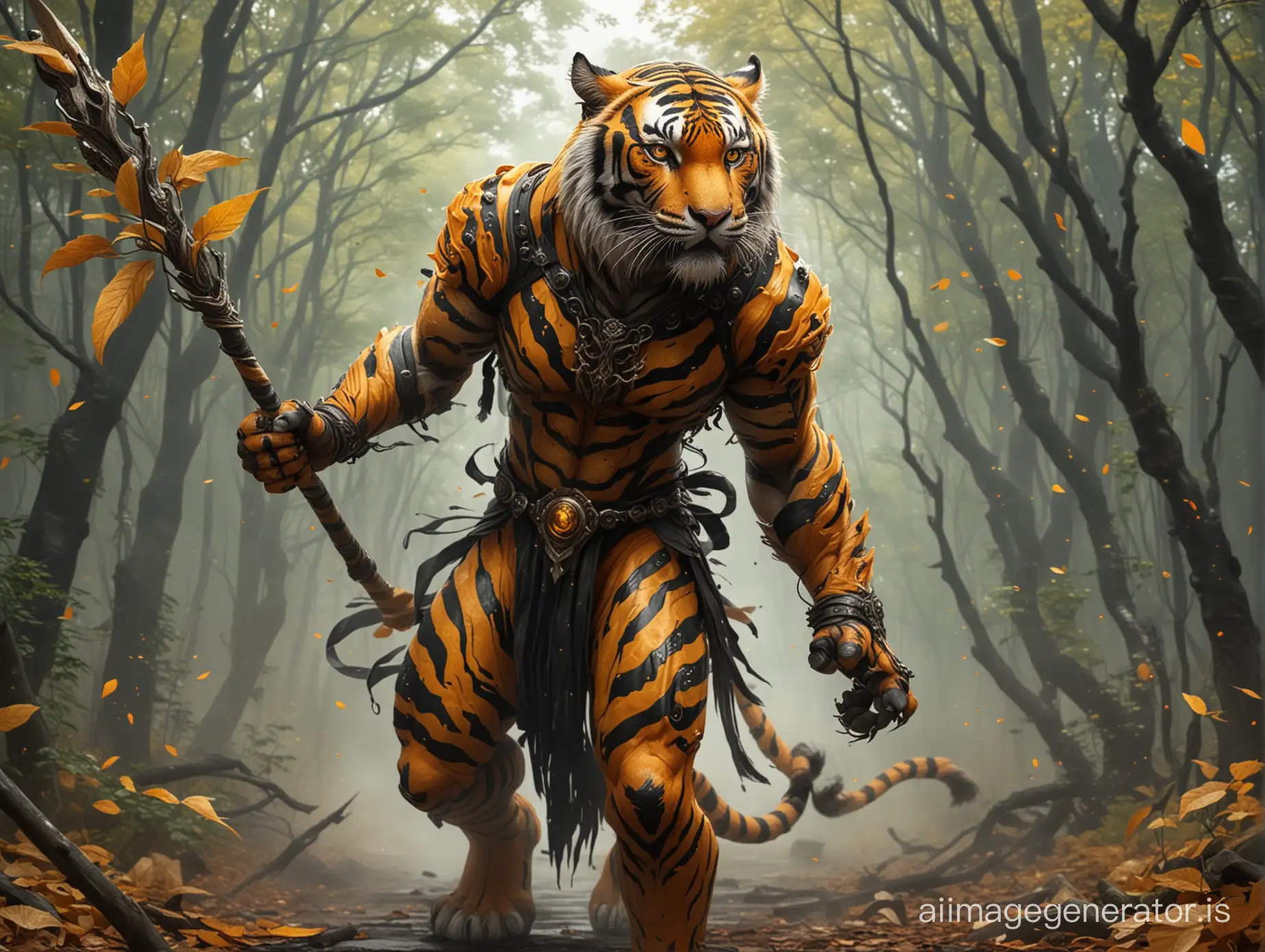 Mystical Striped Tiger Wizard with Glowing Staff Amidst Whirling Leaves ...