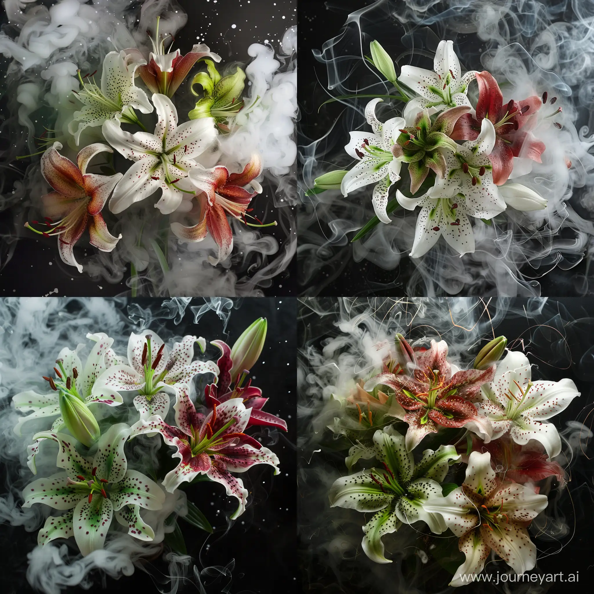 Ethereal-Bouquet-of-White-Green-and-Crimson-Lilies-in-Smoke-with-Delicate-White-Spots