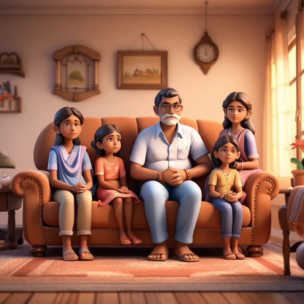 Create a 3d illustration of an animated scene that depicts a hardworking indian father is a average weighed man sitting on a sofa his wife and three children in his house. Blur and beautiful background.