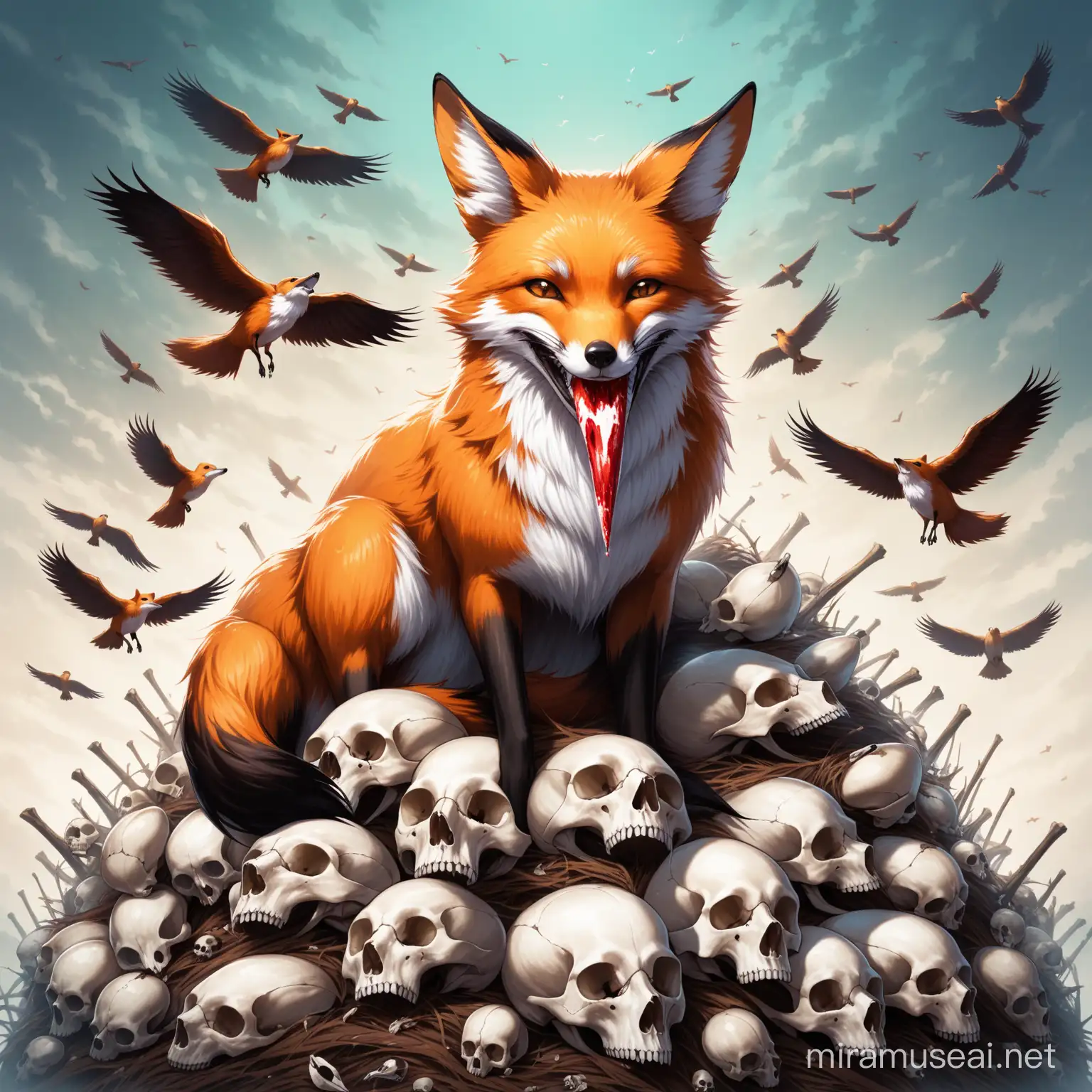 A fox with a skull in it's mouth, sitting ontop of a pile of bird skulls 