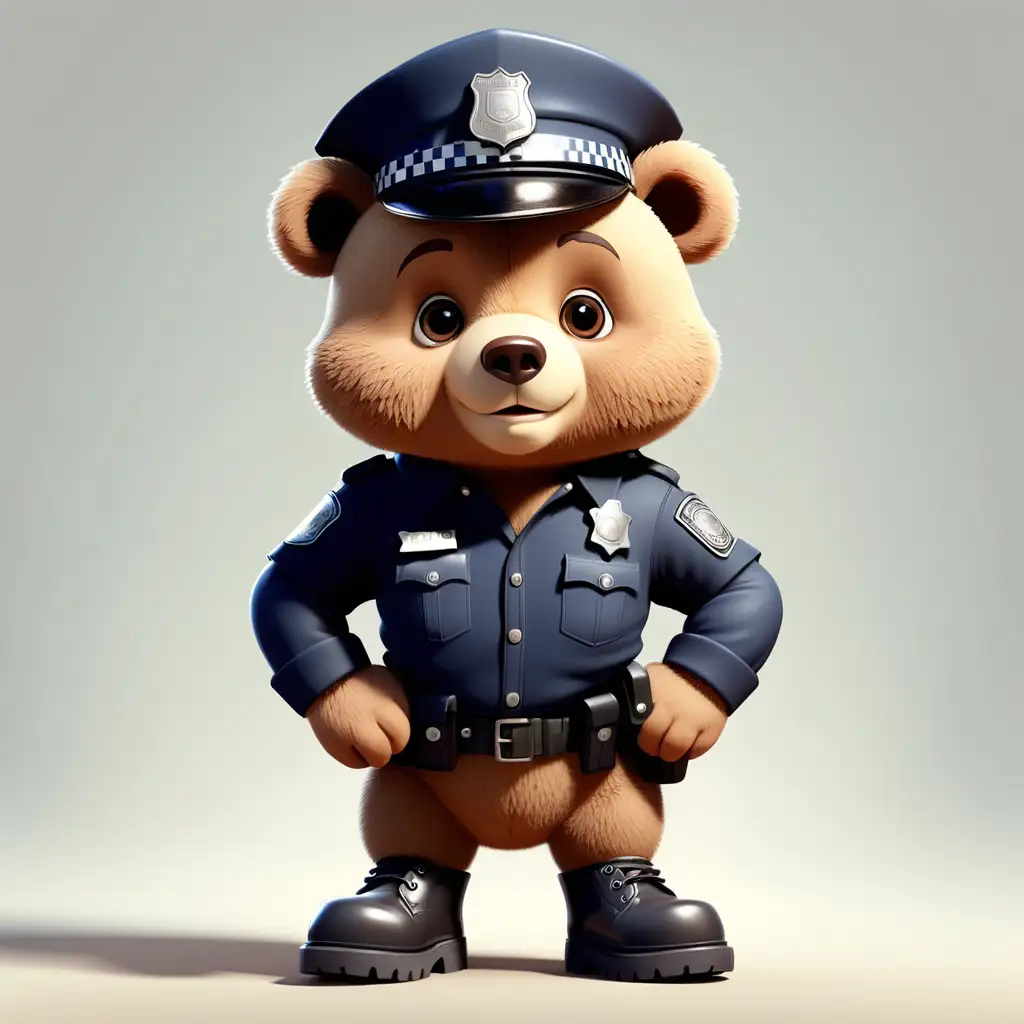 illustrate a cute bear with two foot in cartoon style with police clothes with boots with clear background