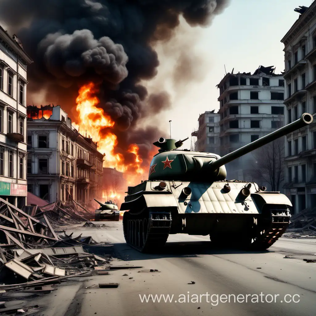 Soviet-Tank-Driving-Through-SemiDestroyed-City-with-Fire