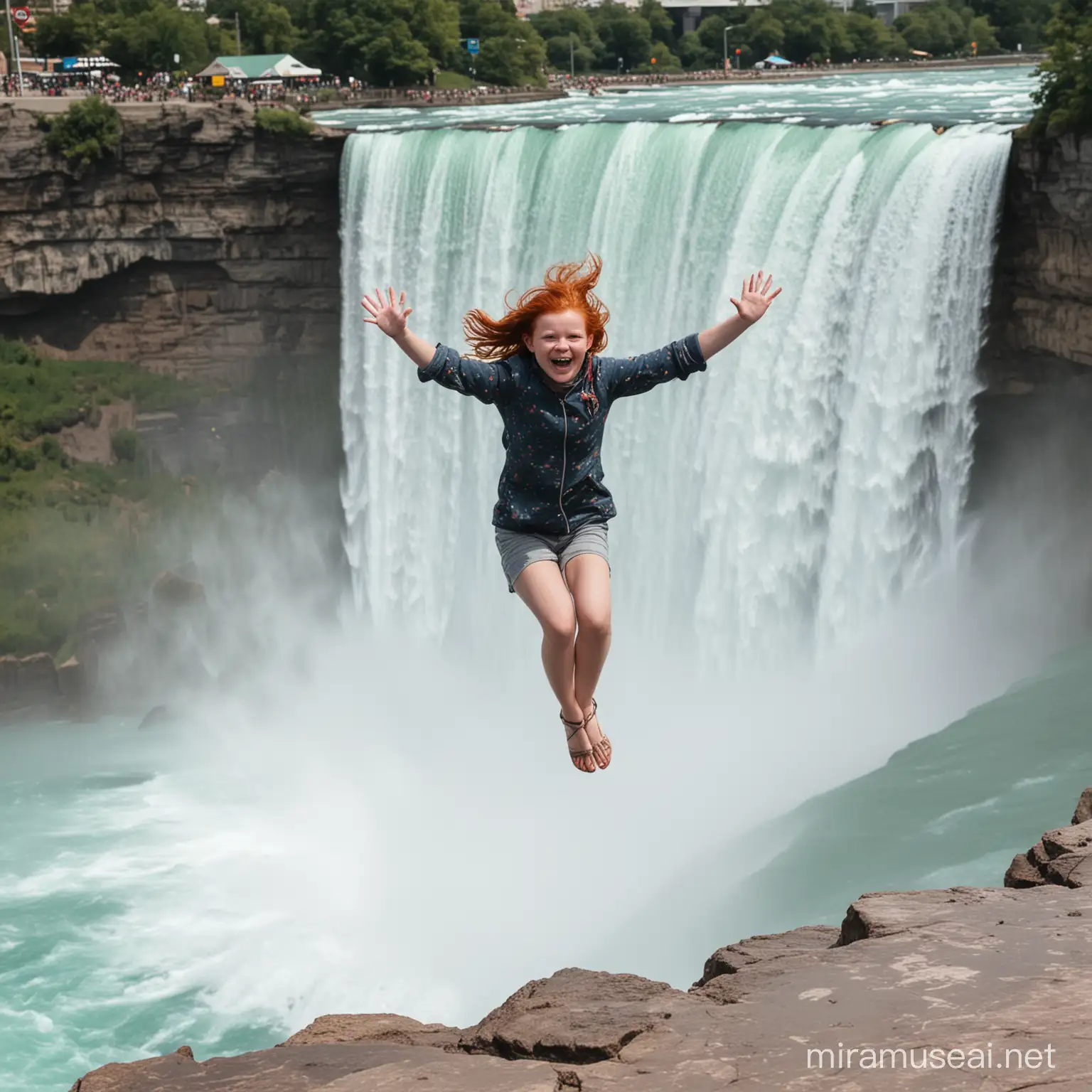 A small redheaded girl jumping into Niagara falls