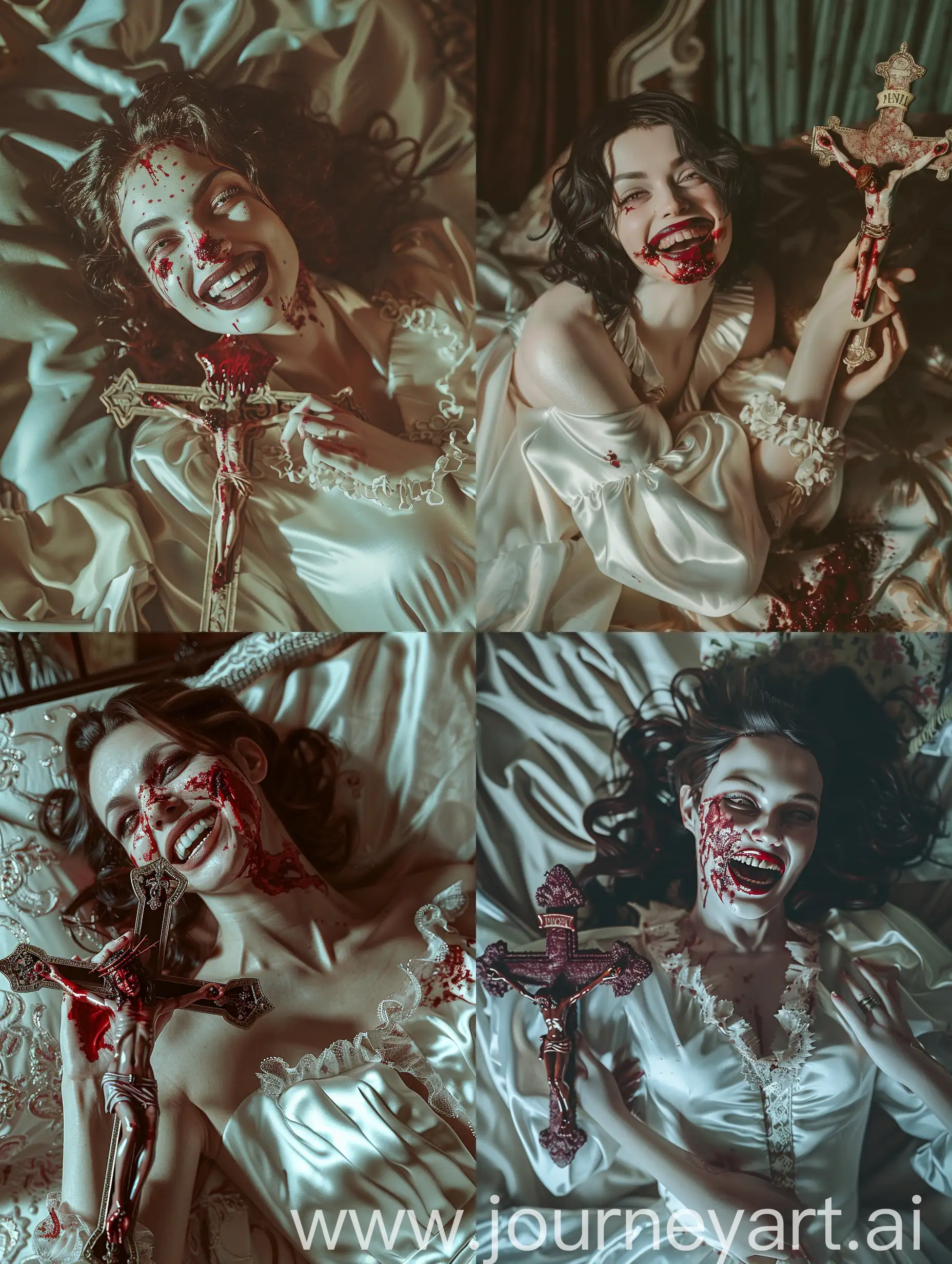 A woman with a sinister grin on her face, wearing a white satin gown, lying on a bed with her face covered in blood, holding an intricately detailed blood covered crucifix in her hand, in the style of gothic horror, attention to detail, saturated, dark horror, taken on provia