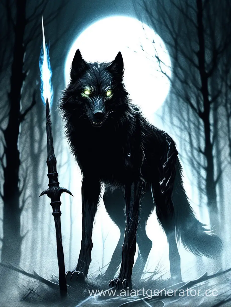 черный волк худой тело как дым, правый глаз белый со шрамам светящийся , в руке копьё белый светящийся
