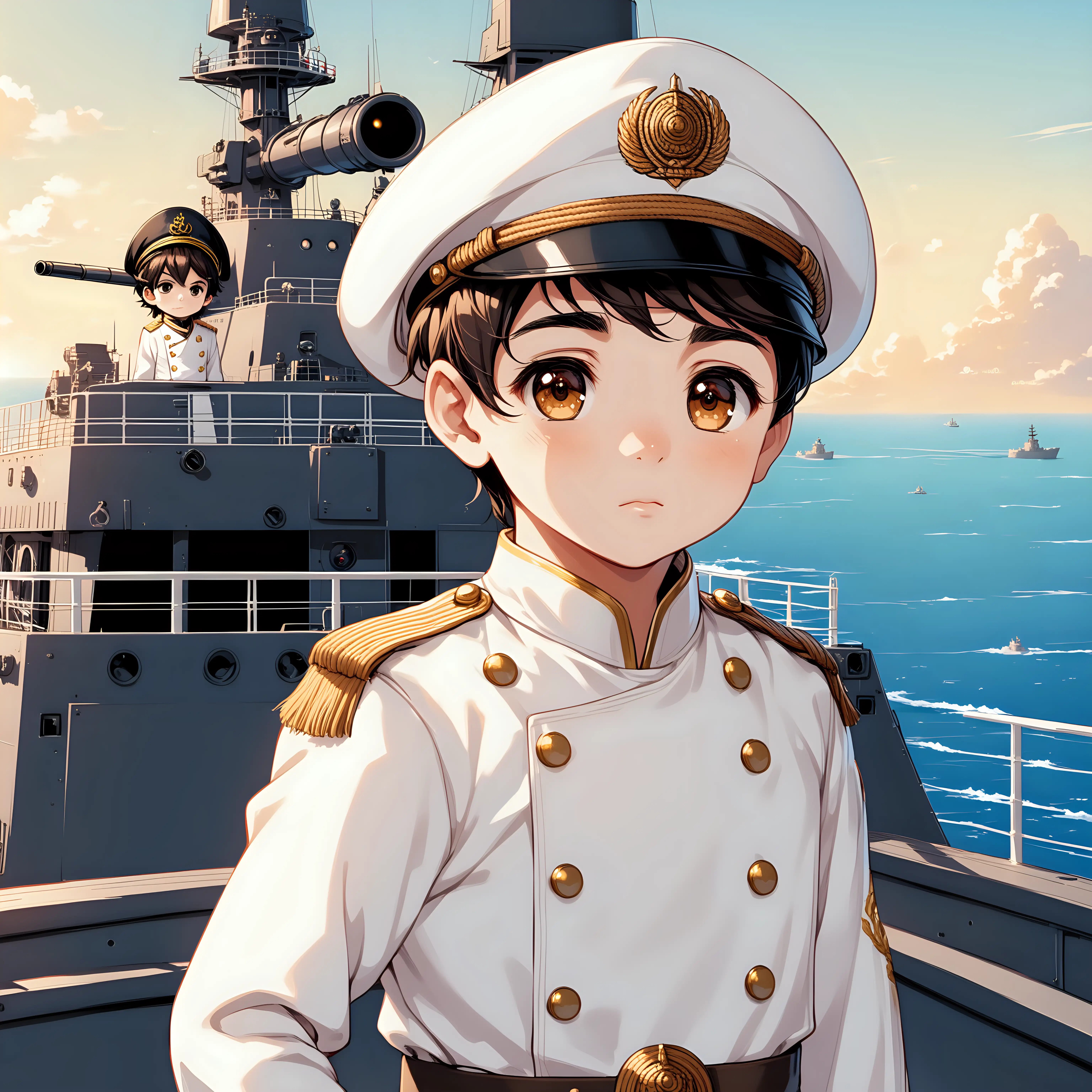 10 years old warrior boy, on the IRIS Deylaman warship's deck, cute, monitoring anti-aircraft cannon, wearing white clothes of ship captain's outfit, Persian face, smaller eyes, bigger nose, white skin, brown eyes.