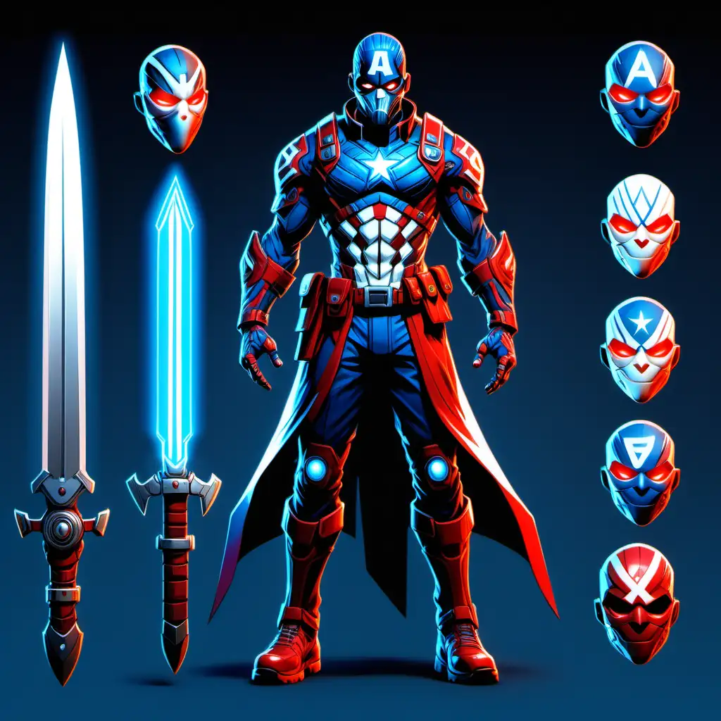 Character-B design sheet, full body of a Magical Paladin Warrior marvel captain america and a mechanical glowing ninja mask and intricate white black red and blue cyberpunk runic clothing with white glowing nordic runes,with a massive glowing straight sword in a style reminiscent of fortnite character skin, character concept --chaos 0