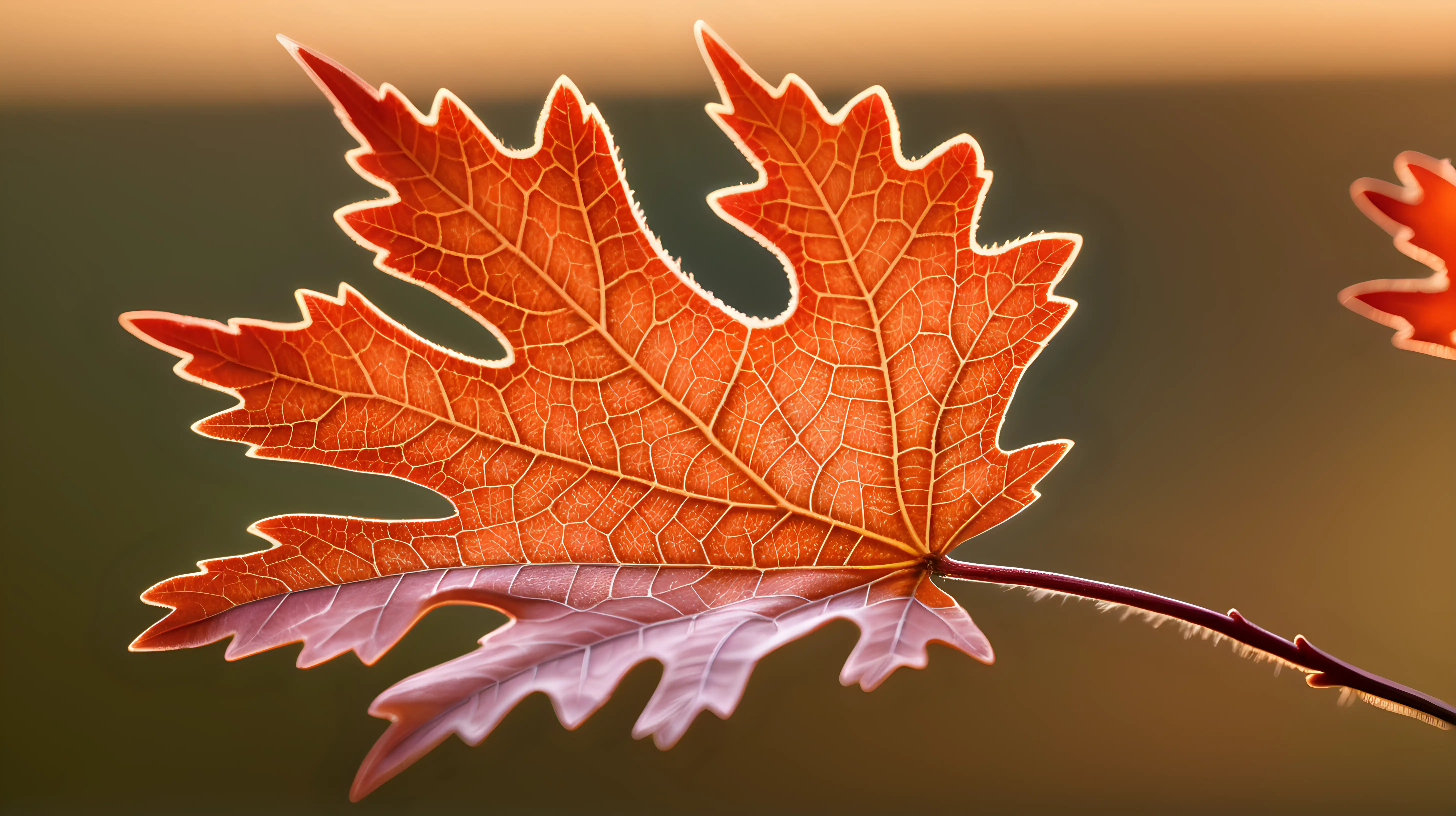 A macro photograph capturing the intricate details of a single red oak leaf, illuminated by the soft glow of the setting sun.