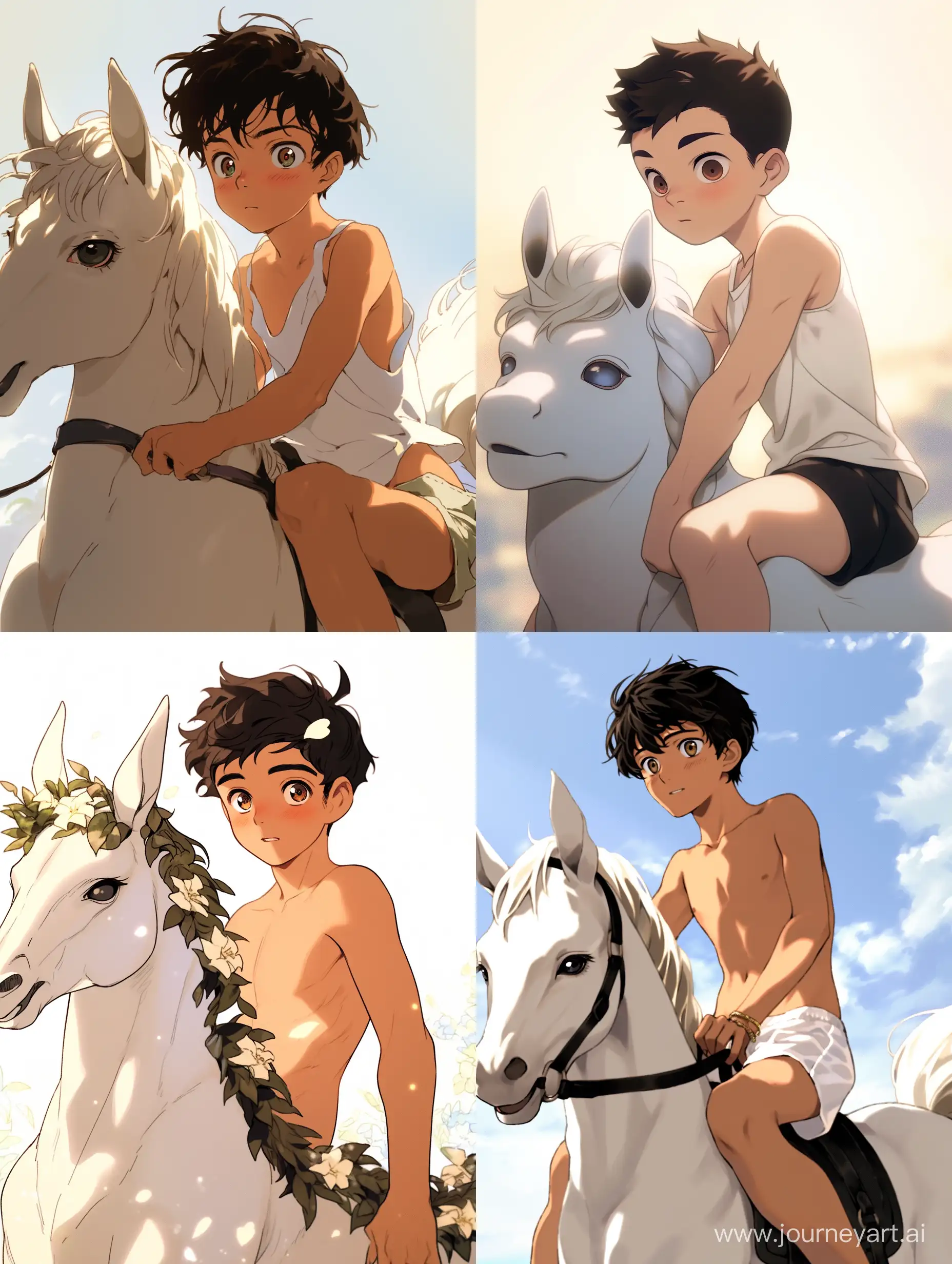 centaur boy, young, cute face, dressed white t-short, cinematic light, glossy skin, anime style, --niji 5