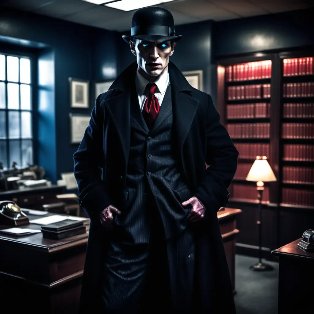 a Tremere vampire private investigator, wearing a 1930s black suit, white dress shirt, deep red necktie, wearing a black greatcoat, wearing a bowler hat, normal face, glowing blue eyes, inside a modern private investigator office, full body image, muscular build, realistic