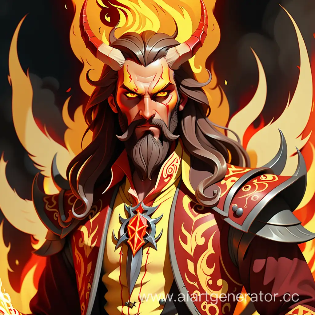 Lucifer in human form with long hair and a thick beard, dressed in aristocratic clothes with yellow and red patterns, fire burning around, eyes …Lucifer in human form with long hair and a thick beard, dressed in aristocratic clothes with yellow red patterns, fire burns around, eyes glow red, beautiful long horns, pronounced cheekbones, burning wings behind his back, comic style, evil look, a pentagram on his forehead, clutched a red infernal sword burning with fire to his chest