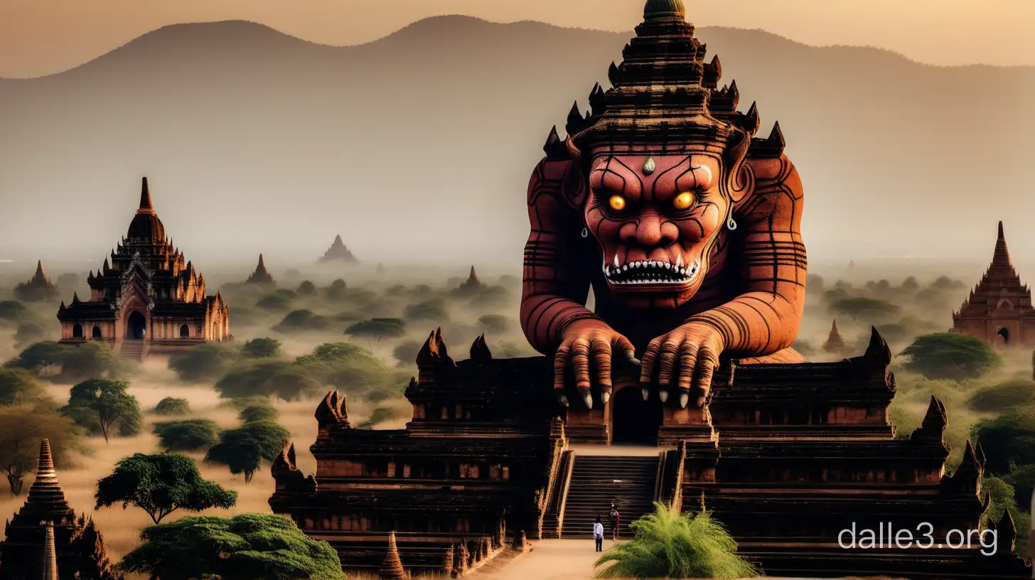 a cenimatic scene of a huge monster among the pagodas of ancient bagan city