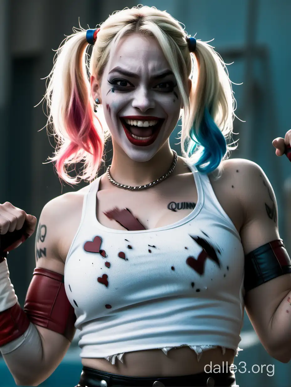 Harley Quinn Laughing and Flexing Biceps in Torn White Crop Top | Dalle3 AI