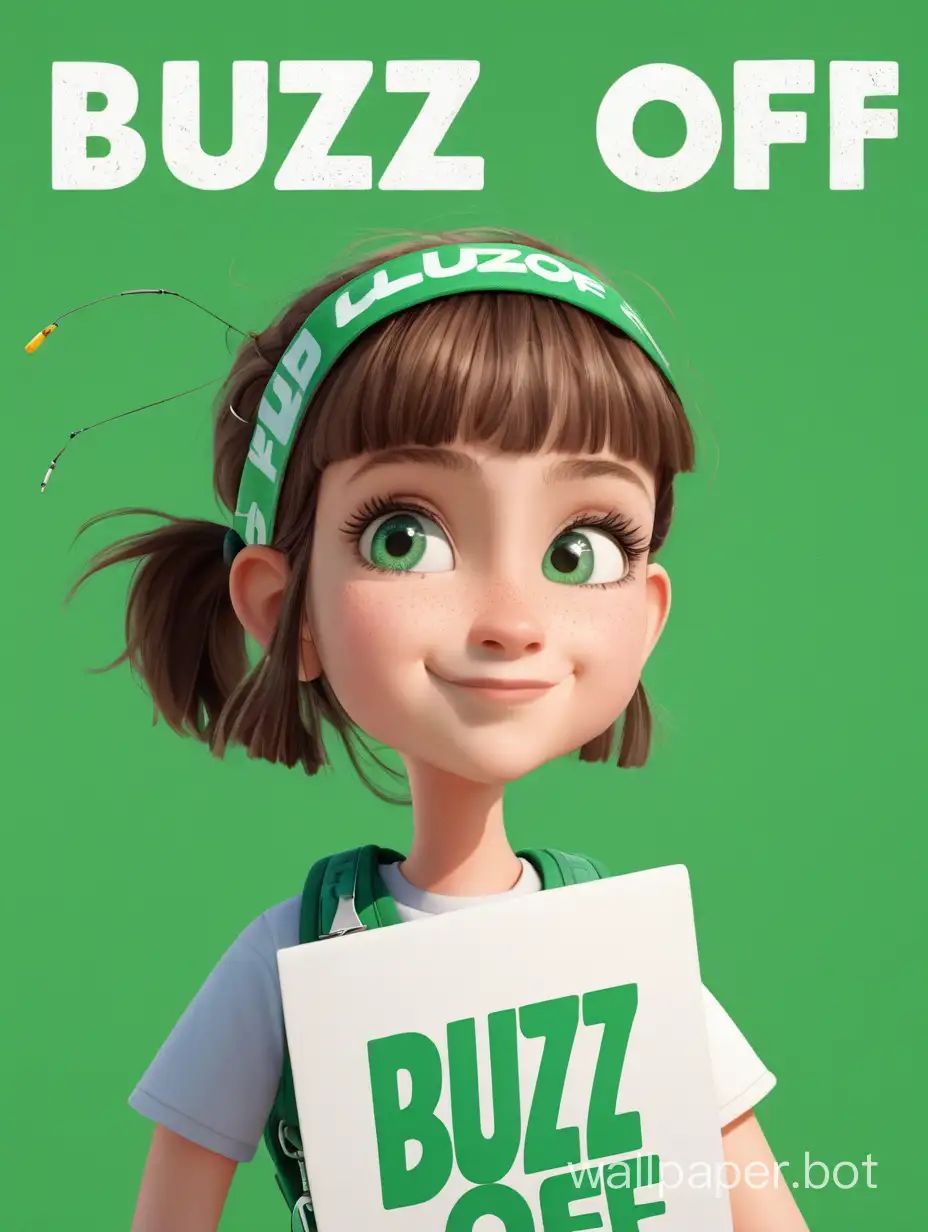 A girl with in a green background holding a banner that says "Buzz Off" Over her head