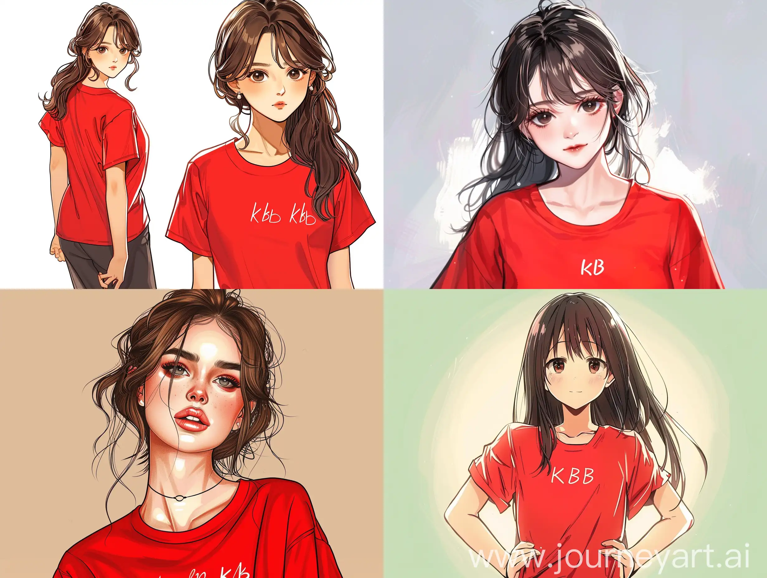 Draw a picture of a beautiful girl wearing red t-shirts written kb