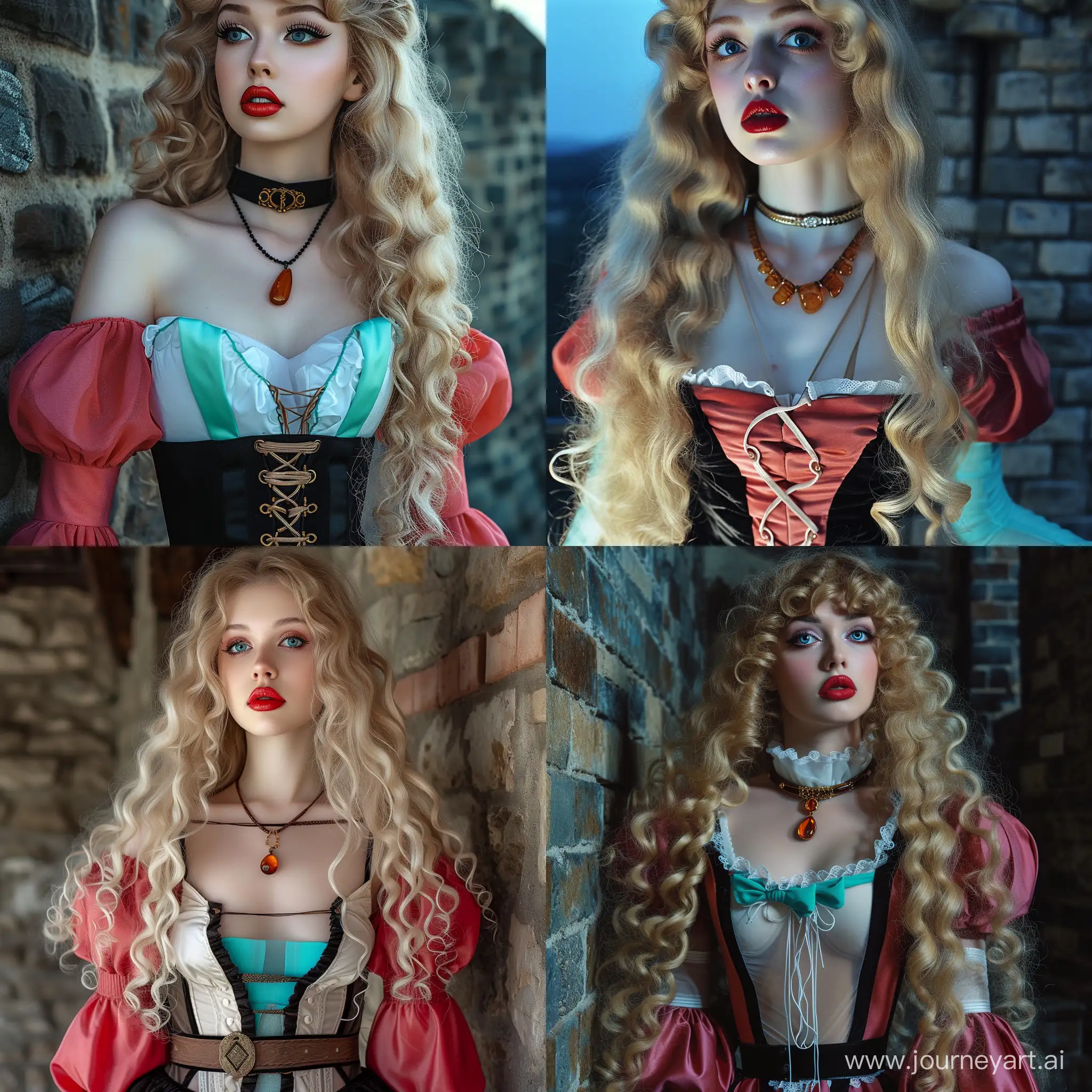 1girl, solo, brick fortress, castle, province, big lips, eyelashes, makeup, blush, very long blonde hair, curly curls, voluminous hairstyle, amber necklace, gorgeous blue eyes, very thin waist, waist belt, black and white aristocrat transparent dress, red wide sleeve, slim, expensive, best quality, pink textile, turquoise bodice, night