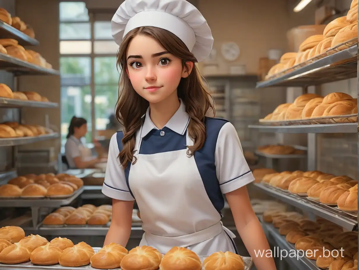 Teenage girl working in a bakery, full body view, she is wearing a uniform. detailed features, sharp image