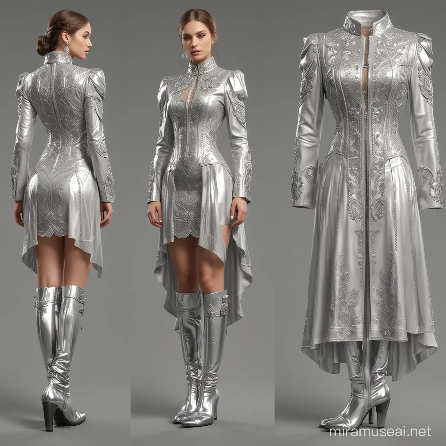 Design a luxury fashionable dress which is suitable for boots in the theme of casiphia, silver and old aesthetic money