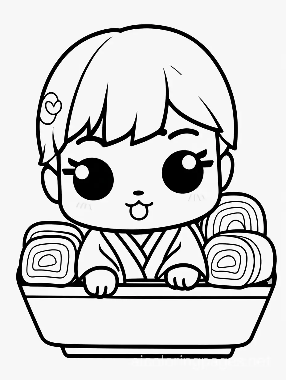 cute chibi sushi, Coloring Page, black and white, line art, white background, Simplicity, Ample White Space. The background of the coloring page is plain white to make it easy for young children to color within the lines. The outlines of all the subjects are easy to distinguish, making it simple for kids to color without too much difficulty