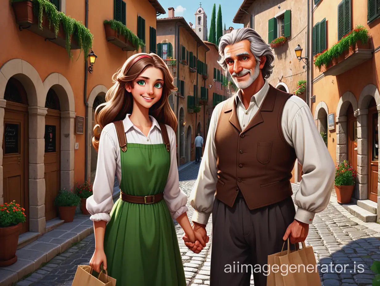 Create a visual representation of Scene 1, set in a picturesque small Italian town. The scene features the kind merchant and his beautiful daughter walking along the vibrant and lively cobblestone streets. The town should be depicted with colorful buildings and bustling activity in the background, capturing the essence of Italian charm and warmth. The kind merchant is portrayed as a middle-aged man with warm, compassionate eyes, characterized by his salt-and-pepper hair and slightly stooped posture from years of hard work. His daughter, a young woman in her late teens or early twenties, radiates with grace and elegance, depicted with long flowing chestnut hair, striking green eyes, and a kind smile. Ensure that the characters' appearances and the town's atmosphere align with the provided descriptions, evoking a sense of authenticity and charm.