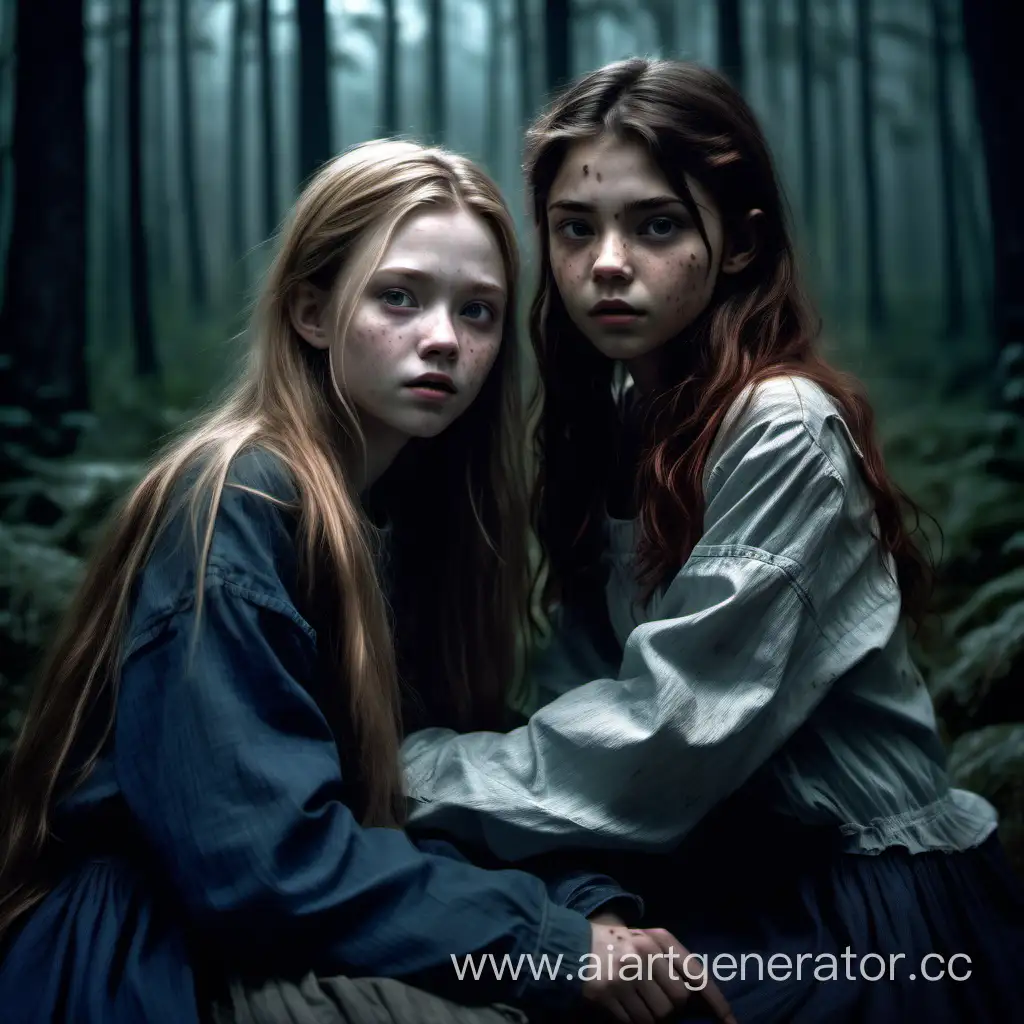 Create an image of this story with these two characters:  Lydia, and Sofia sit together in a dark forest at night.  

Lydia - an 18-year-old woman, who looks mature for her age and is in ragged clothes. With long brown hair, pale skin, and freckles  

Sofia (Sof) - a 16-year-old girl with a youthful, innocent face, dressed in ragged clothes. With long blonde hair
