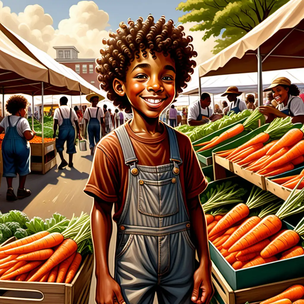 ernie barnes style cartoon african american 10 year old boy with curly hair and brown overalls smiling and picking up carrots at the farmer's market