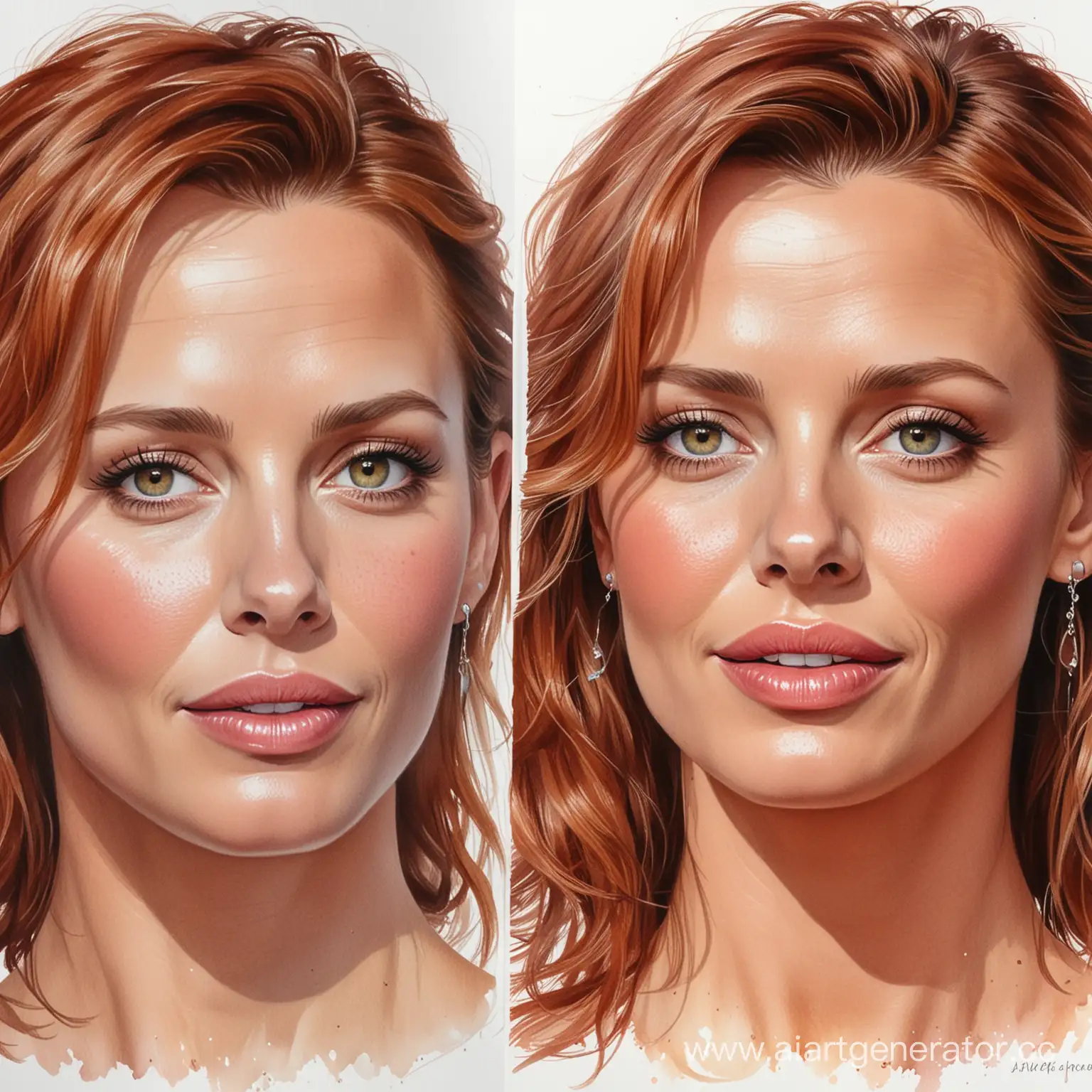 Watercolor-Portrait-Fusion-of-Julia-Roberts-Charlize-Theron-and-Kate-Beckinsale-with-CherryGolden-Hair