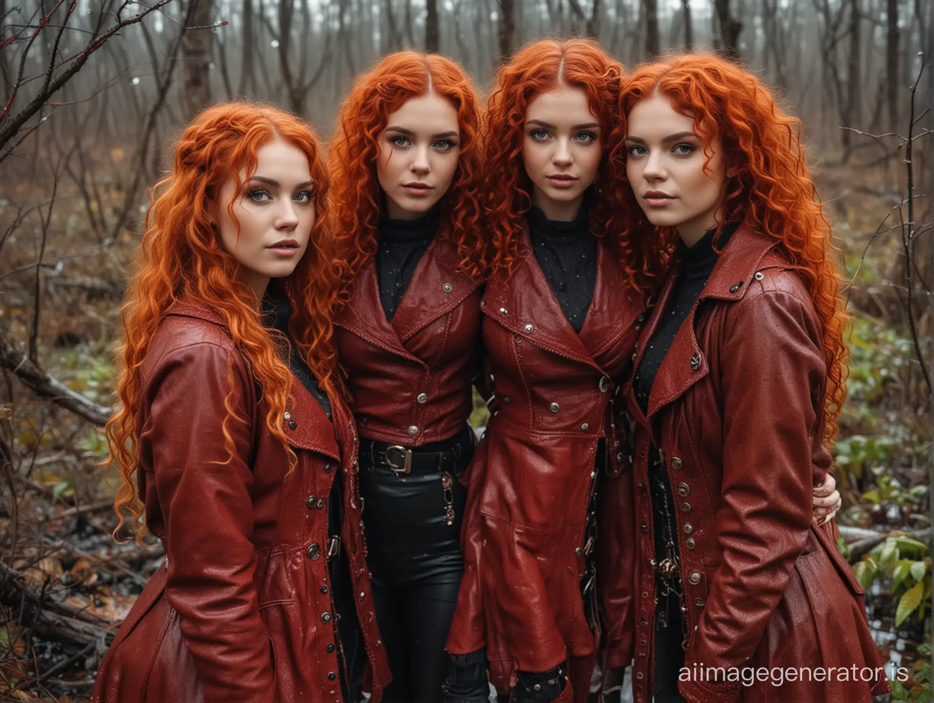 waist-deep in a swamp wet curly fiery-haired appears like a messy scribble three steampunk cute happy girls in red leather clothes under him openwork sweater hugs a girl in knitted clothes. beauty makeup eyes, tights. night, rain. moss, fallen leaves and broken branches, fern