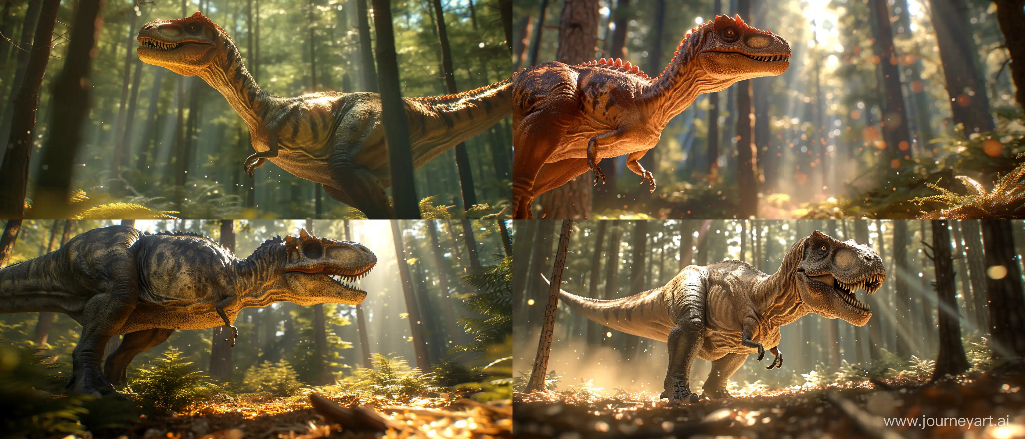 Dinosaur in the forest; sunny day; close up on part of the scene; using all the graphic, lighting, design and scenery techniques of the most hyper-realistic and current animations of the last generation; Ray tracing at an absurd and exaggerated level; 32k; absurd details; advanced mirroring techniques; better CGI; advanced blurring techniques in some specific points; advanced lighting techniques; cinematic style; Blurred
 bottom; Some blurred lights; beams of lights; Parts of the image with as much absurd detail as possible in 32k quality; --ar 21:9 --v 6.0