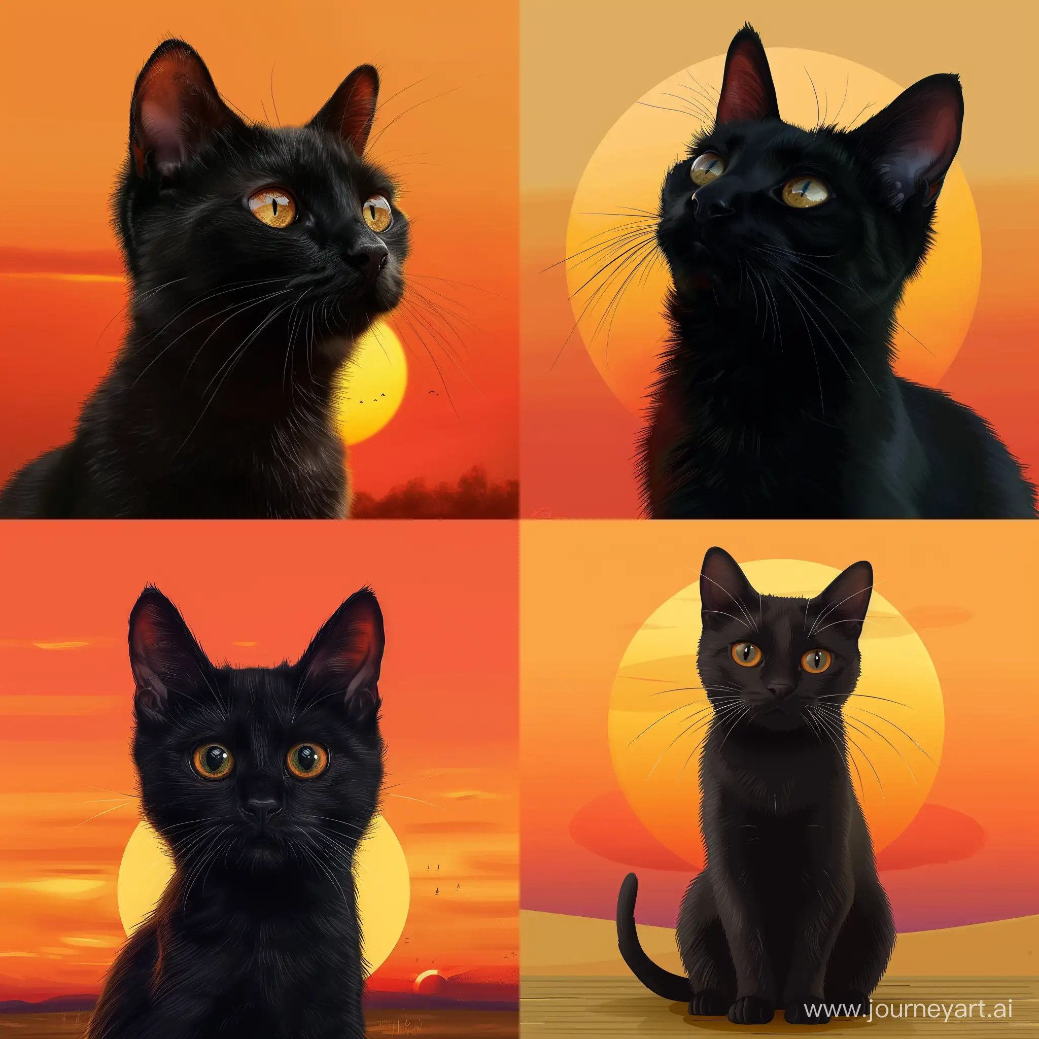 Создай картину реалистичного черного кота на фоне оранжевого заката, время года лето 