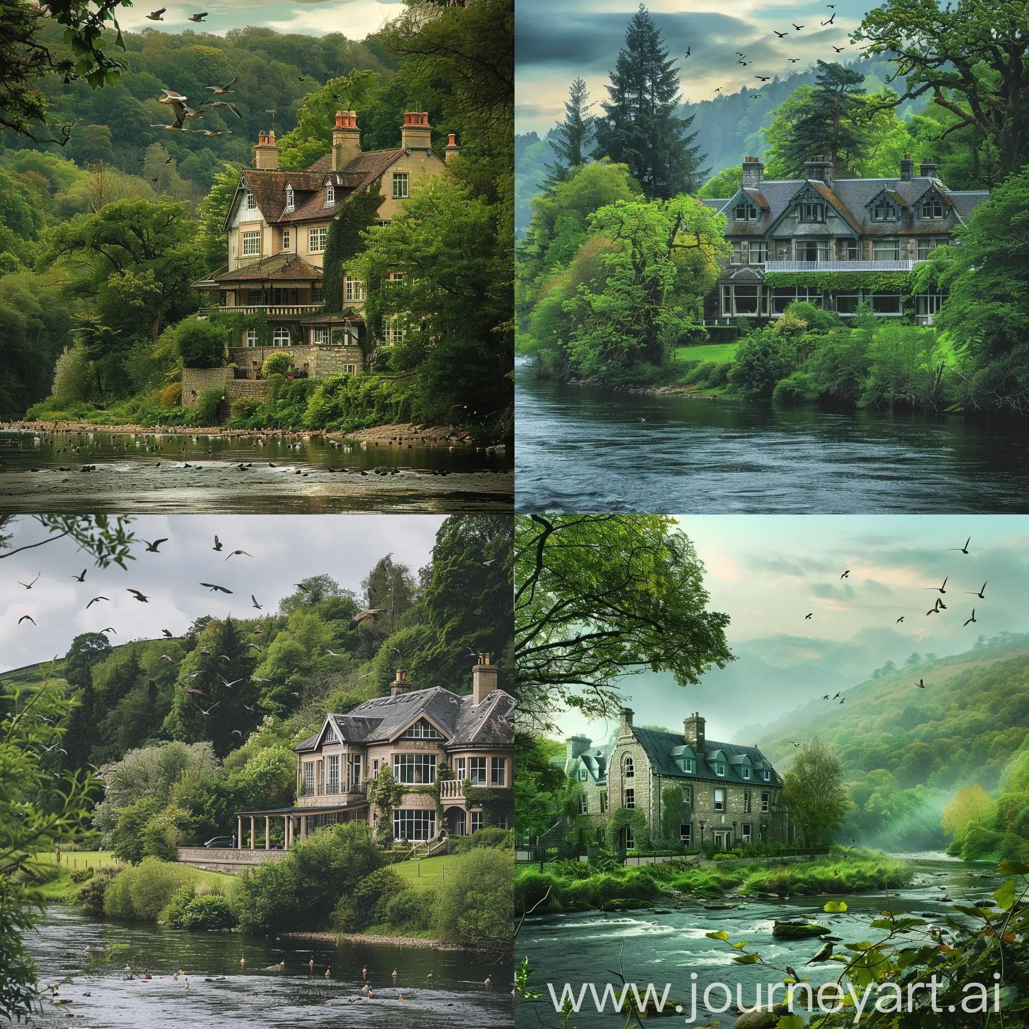 a large house, on the edge of a river, lush green forestry and birds chirping