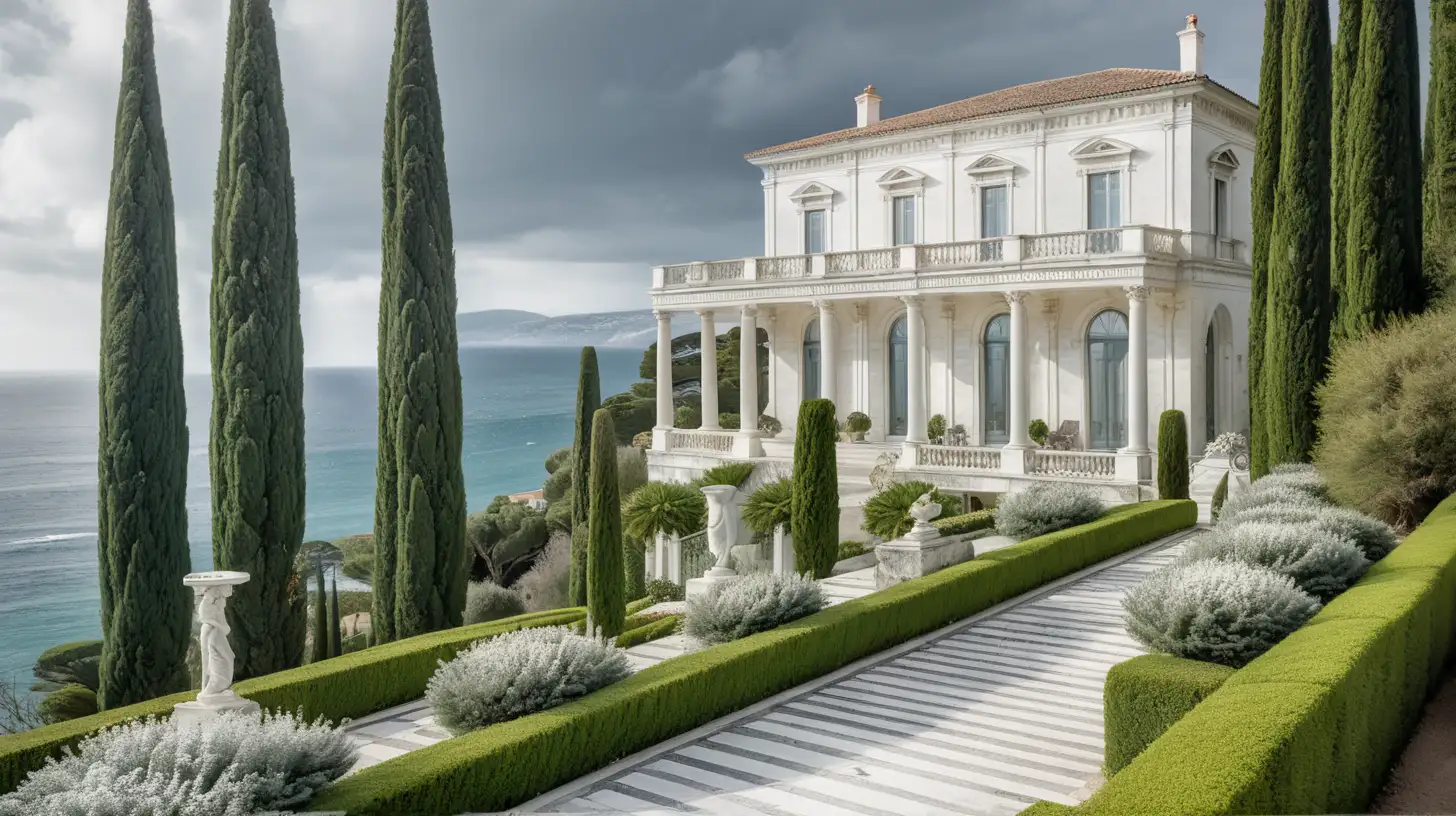 petite villa neoclassique en marbre blanc, un seul étage, une loggia, perchée sur une falaise au-dessus de l'ocean, jardin en terrasse, cyprès, lauriers, chemin escarpé vers l'océan, ciel gris et nuageux, réaliste, jardin en fleurs