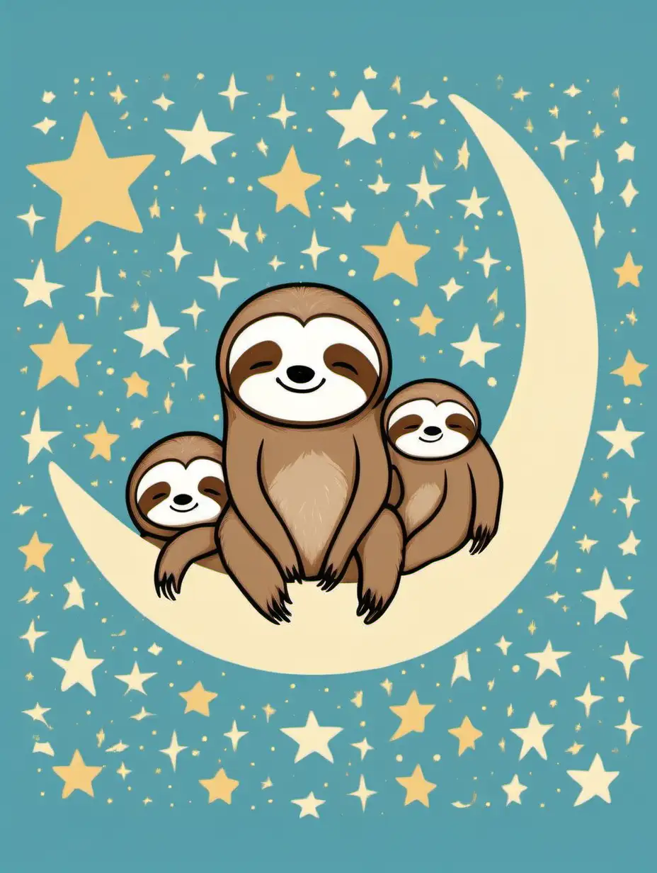 Adorable retro-style depiction of sleepy sloths surrounded by moon and stars symbols against a gentle sky blue almost white backdrop.
