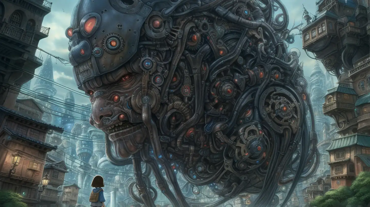 Biomechanical Dark Fantasy City SuperResolution Art Featuring a Young Girl