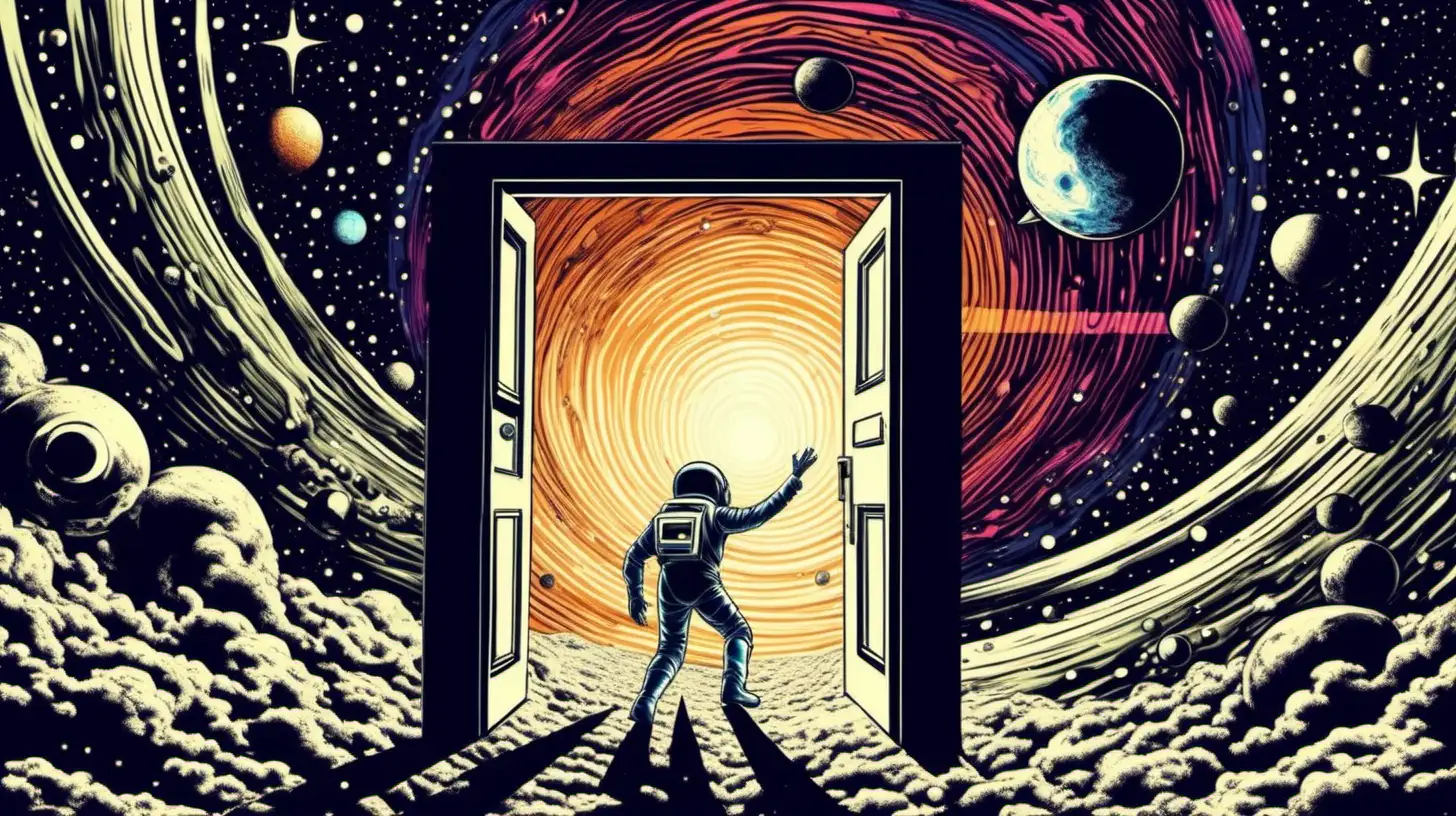 intergalactic psychedelic space man floating and reaching into an open door leading to another planet. add a geometric star gate and make it stellar 