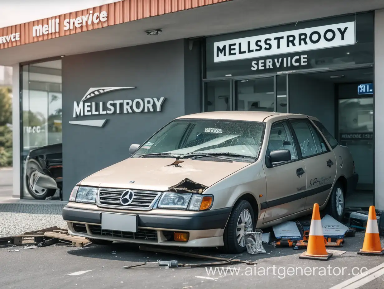 The broken car is standing in front of the service with the name Mellstroy service