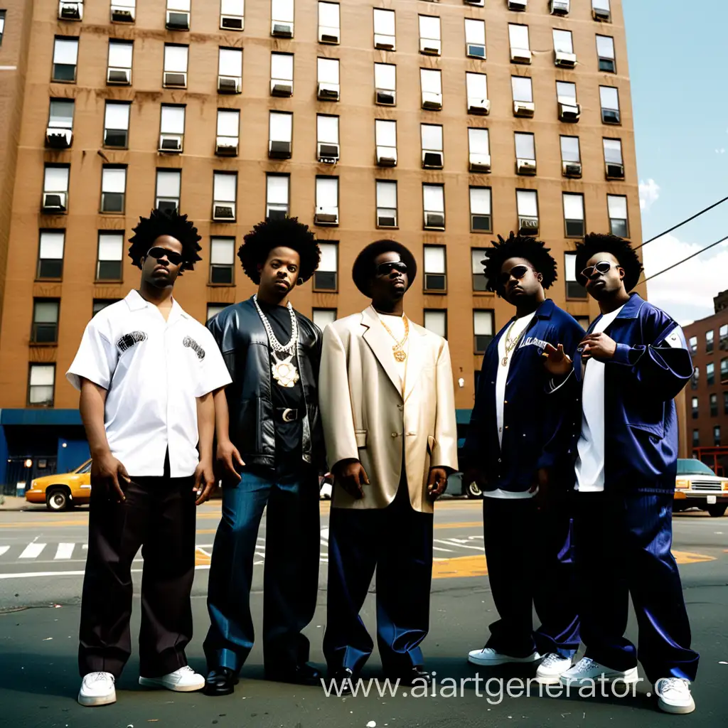 создать фотографию где 6 афроамериканцев в стиле 2000ых стоят напротив многоэтажки в бронксе, нью-йорк, а около них написать AFROMAN CLUB.
