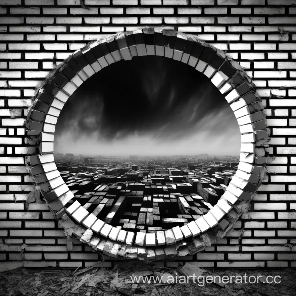 black and white circle post-apocalypse of brick wall