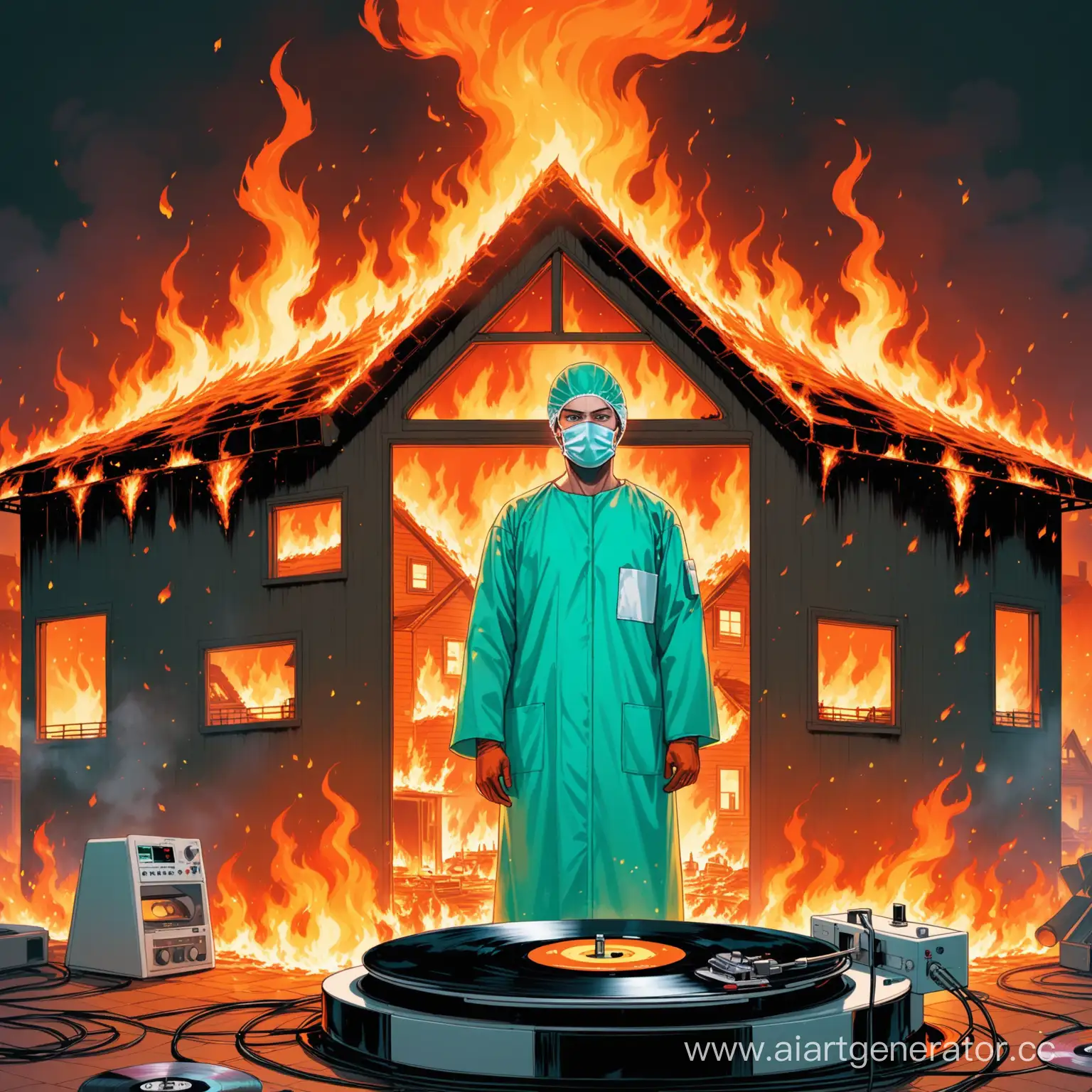 Surgeon-Performing-Vinyl-Record-Surgery-in-Burning-House