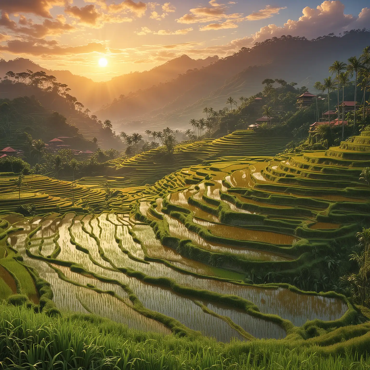 Breathtaking Rice Terraces of Bali Indonesia Lush Green Fields at Sunrise