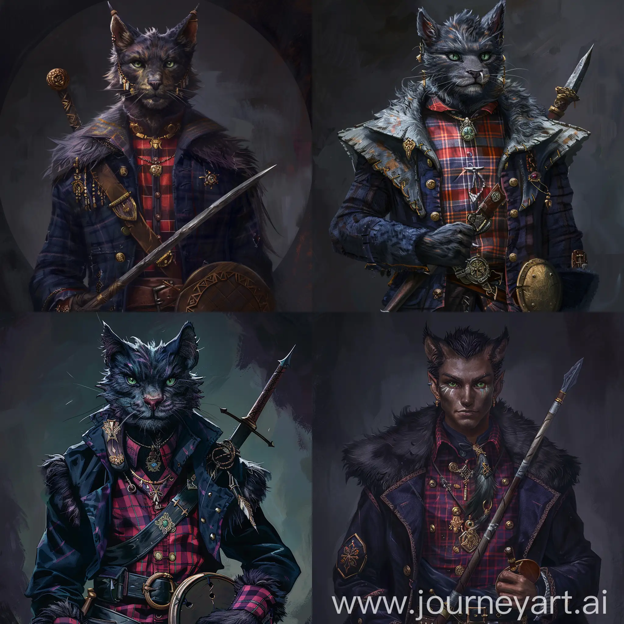 Tabaxi-Adventurer-in-Crimson-Plaid-Shirt-and-Dark-Blue-Coat-with-Rapier-and-Shield