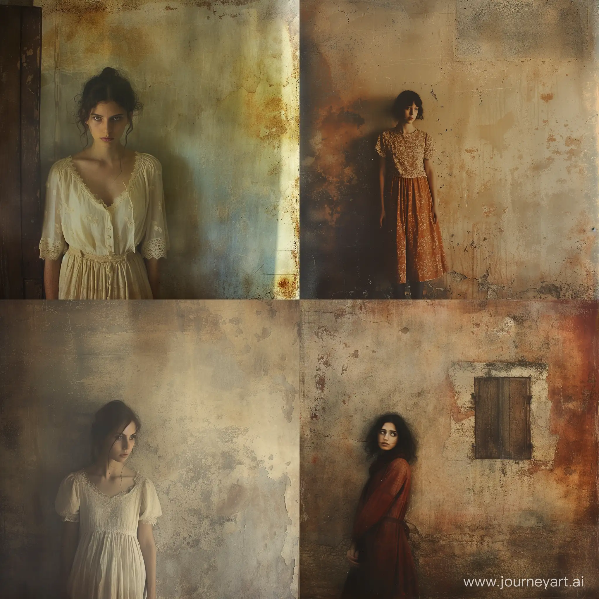 Full body height portrait of a Sicilian woman, in front of a brownish wall; melancholic eyes, calm expression; eye contact; light rays on the wall,summer daylight, shot with Holga photography::2 ; in the style of Jamie Heiden::3
